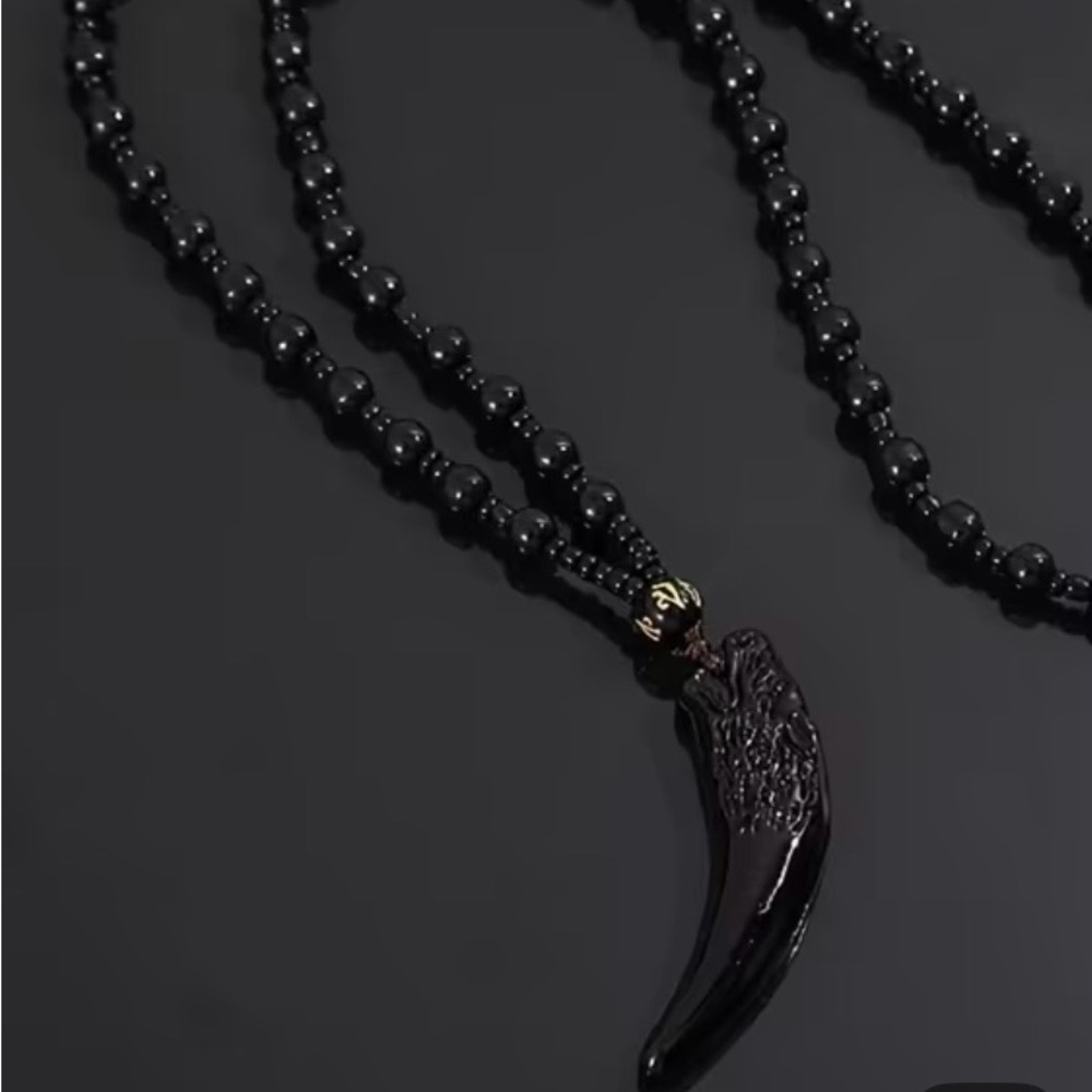Black Beaded Necklace with Horn Pendant